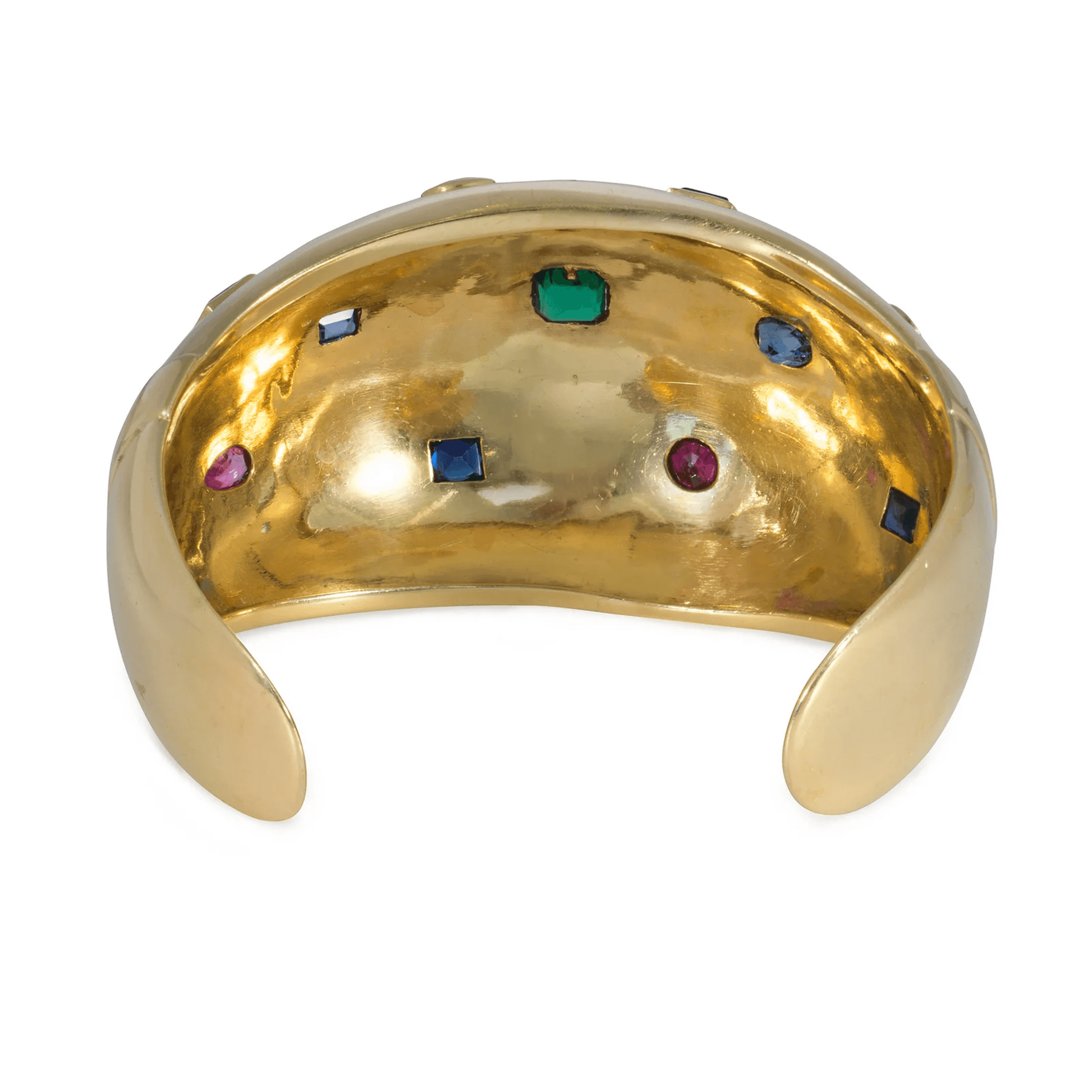 Suzanne Belperron French Retro 18KT Yellow Gold Ruby, Emerald & Sapphire Cuff Bracelet back