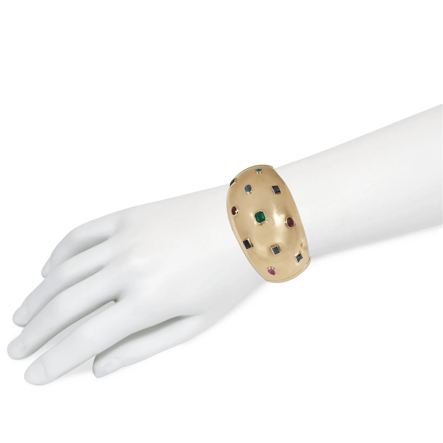 Suzanne Belperron French Retro 18KT Yellow Gold Ruby, Emerald & Sapphire Cuff Bracelet on wrist