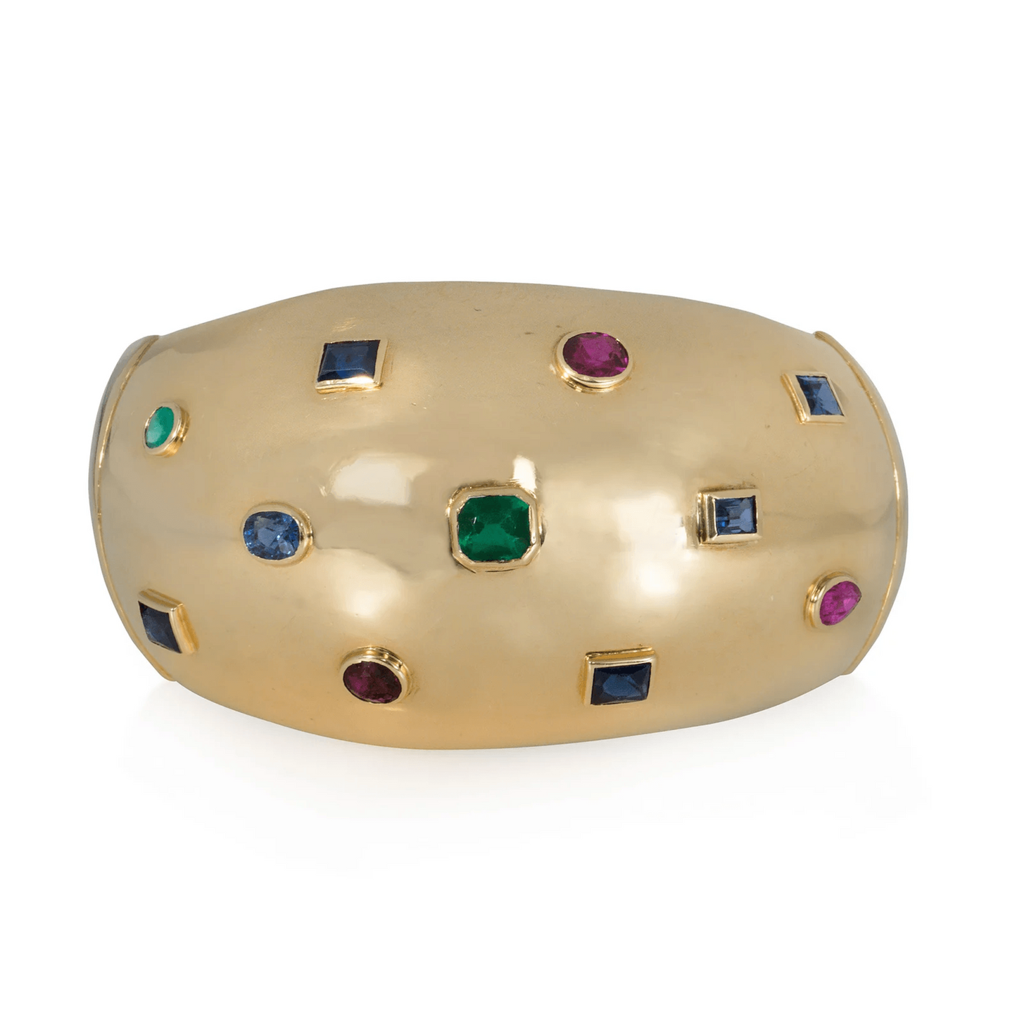 Suzanne Belperron French Retro 18KT Yellow Gold Ruby, Emerald & Sapphire Cuff Bracelet front