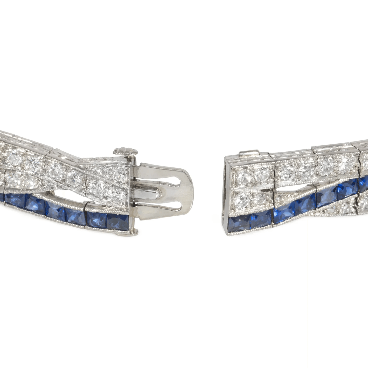 J.E. Caldwell Art Deco Platinum Diamond & Sapphire Bracelet close-up of clasp