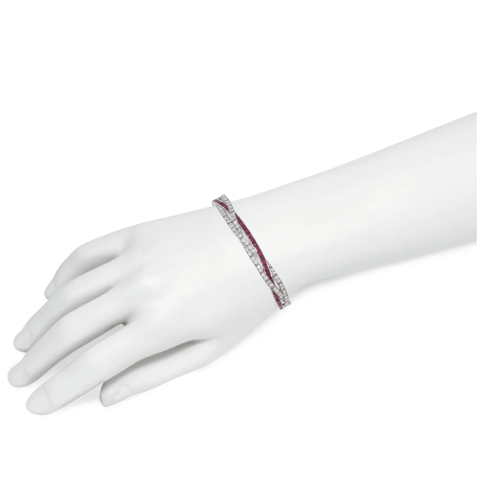 J.E. Caldwell Art Deco Platinum Diamond & Ruby Bracelet on wrist