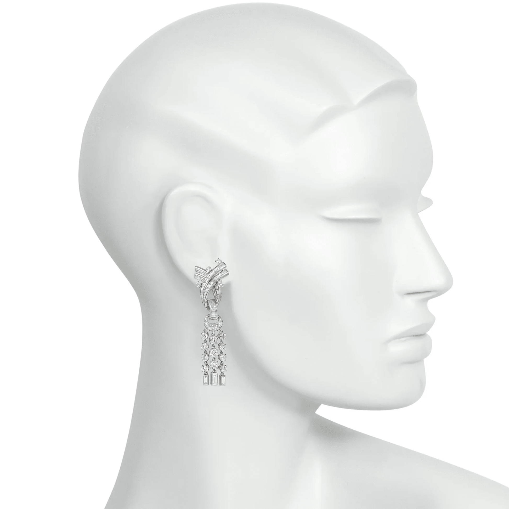 Boucheron Paris Retro Platinum Diamond Tassel Earrings on ear