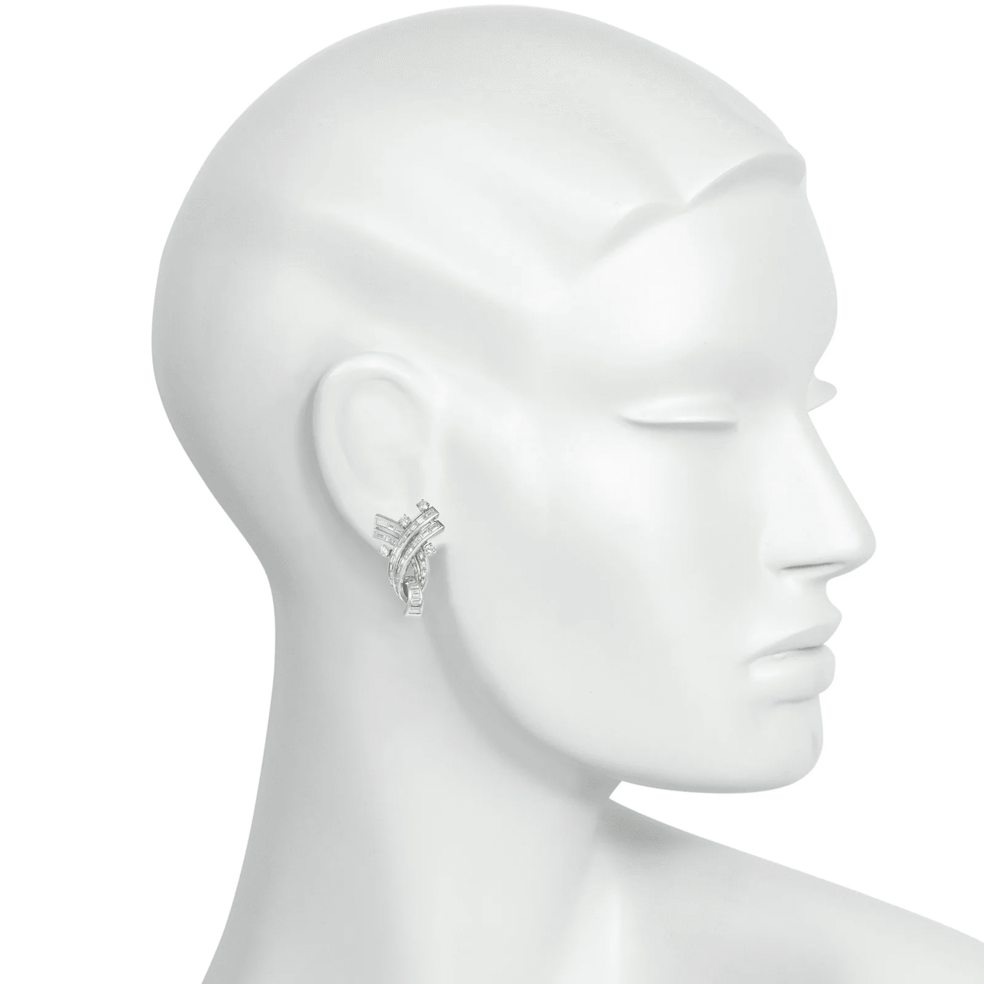 Boucheron Paris Retro Platinum Diamond Tassel Earrings on ear