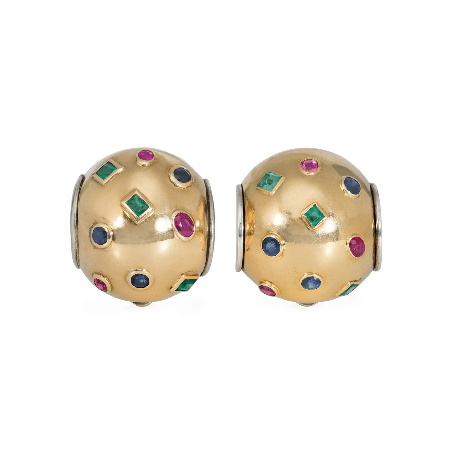 Suzanne Belperron French 1940s Silver & 18KT Yellow Gold Emerald, Ruby & Sapphire Brooches front