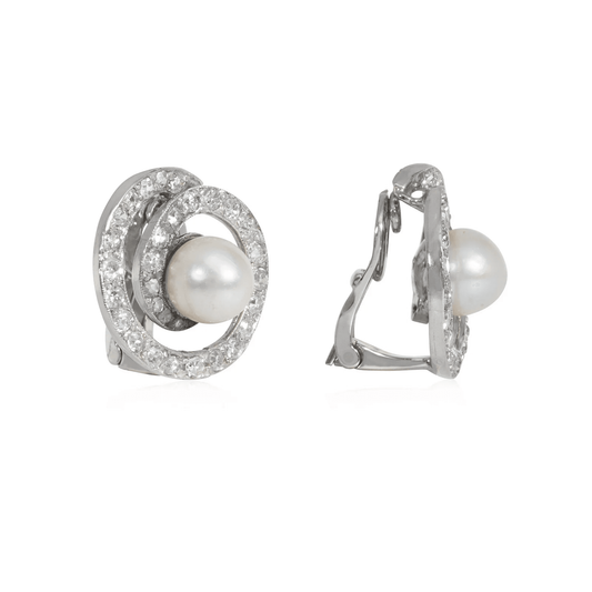 1950s Platinum Diamond & Natural Pearl Earrings side