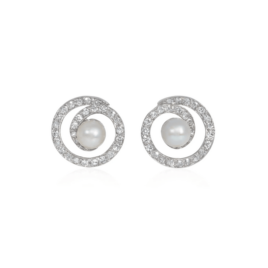 1950s Platinum Diamond & Natural Pearl Earrings front