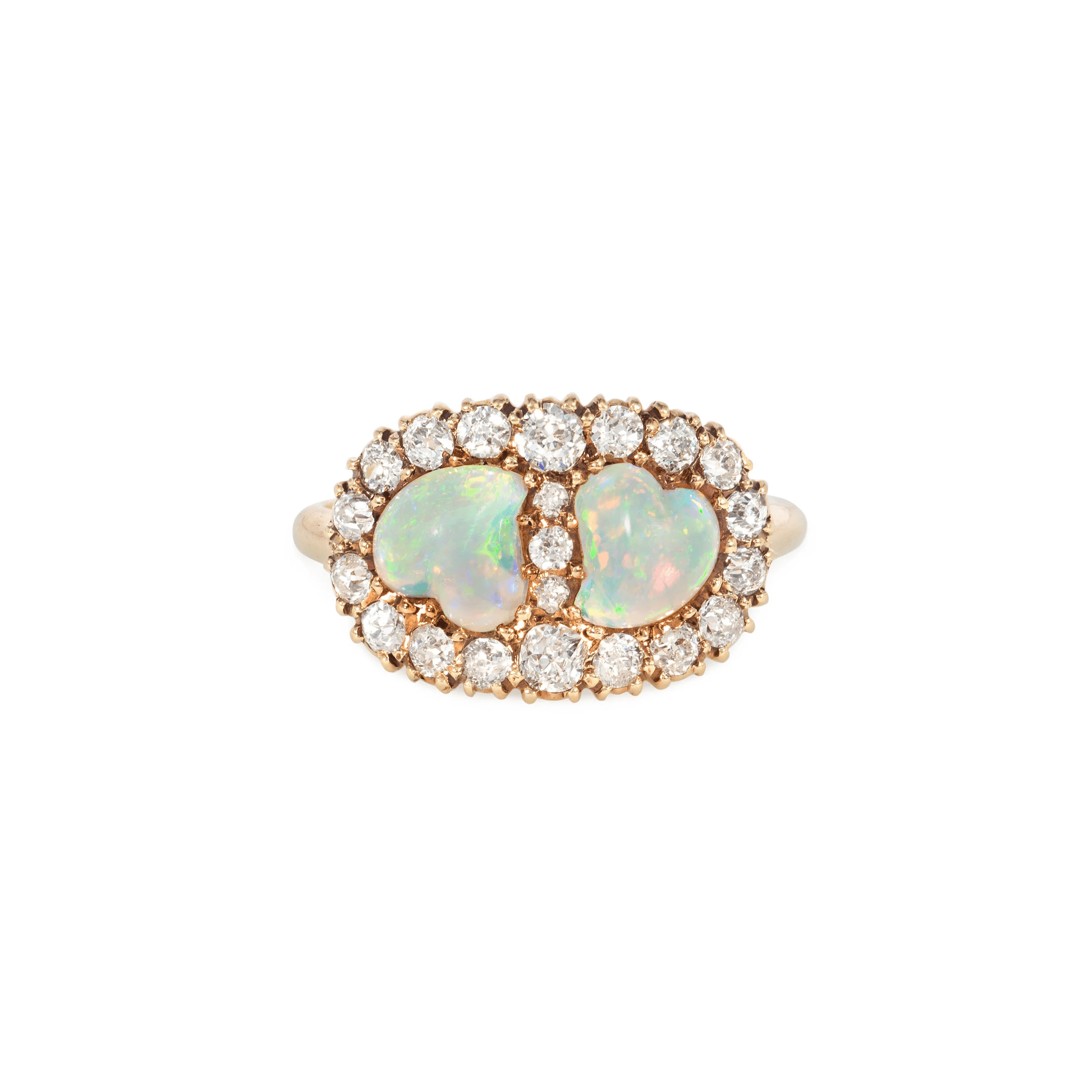 Antique 14KT Yellow Gold Opal & Diamond Heart Ring front