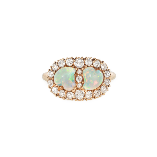Antique 14KT Yellow Gold Opal & Diamond Heart Ring front