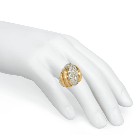 Suzanne Belperron French Retro Platinum & 18KT Yellow Gold Diamond Ring on finger