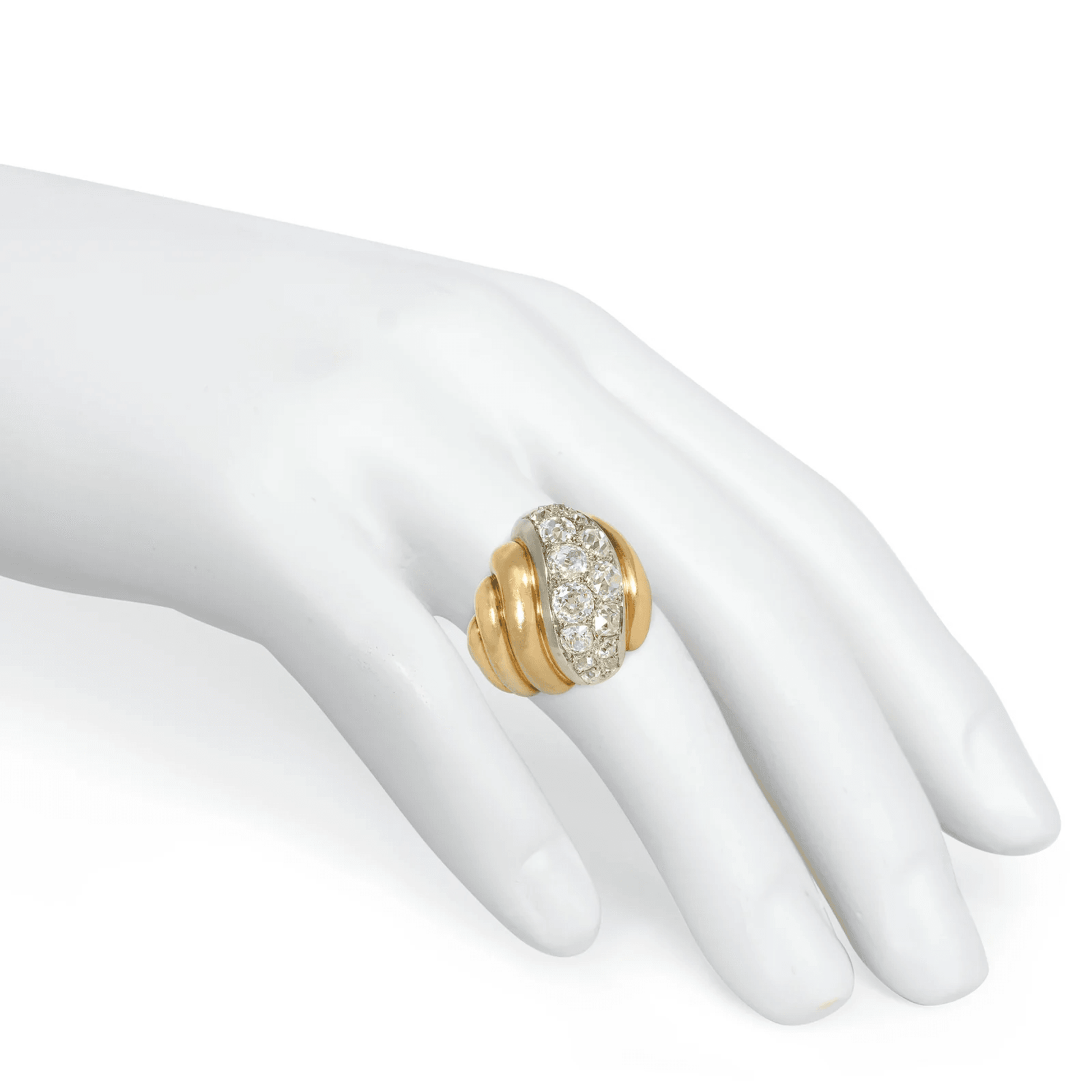 Suzanne Belperron French Retro Platinum & 18KT Yellow Gold Diamond Ring on finger