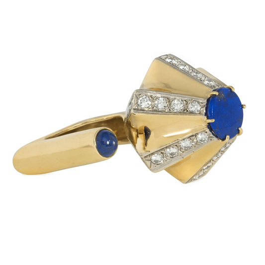 Dinh Van Cartier 1970s 18KT Yellow Gold Lapis Lazuli & Diamond Ring side