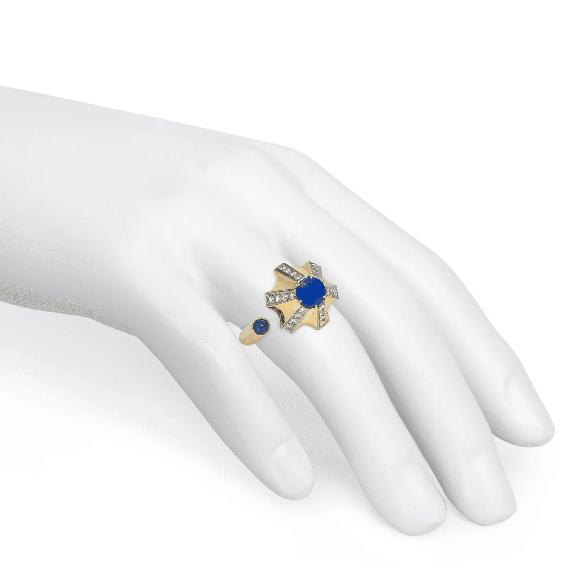 Dinh Van Cartier 1970s 18KT Yellow Gold Lapis Lazuli & Diamond Ring on finger