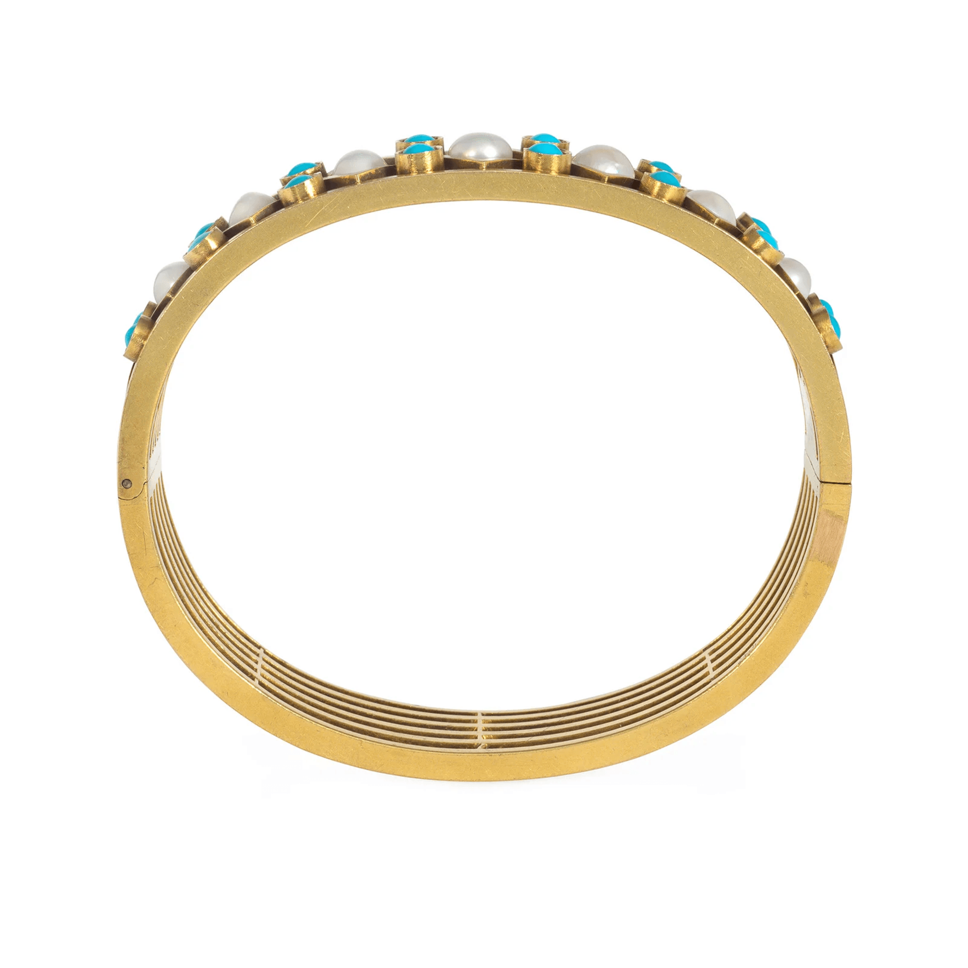 Russian Antique 14KT Yellow Gold Turquoise & Natural Pearl Bangle Bracelet profile