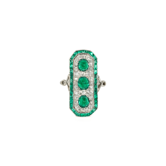 French Belle Epoque Platinum Emerald & Diamond Ring front