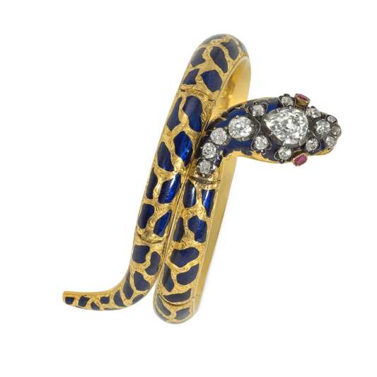 Victorian 18KT Yellow Gold Diamond, Enamel & Ruby Snake Bangle Bracelet front