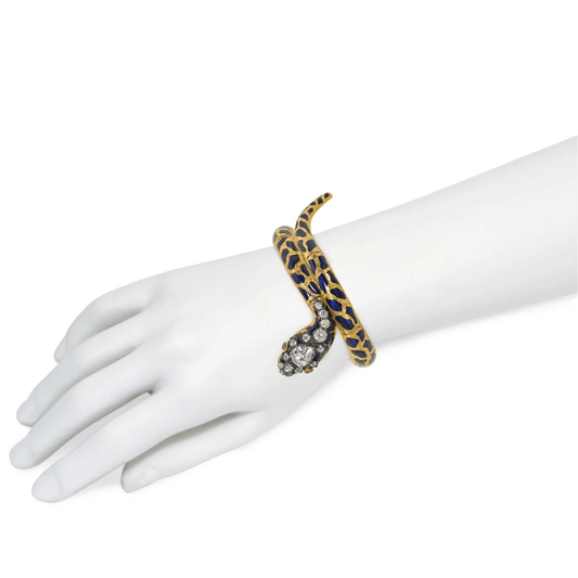 Victorian 18KT Yellow Gold Diamond, Enamel & Ruby Snake Bangle Bracelet on wrist