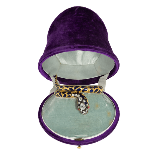 Victorian 18KT Yellow Gold Diamond, Enamel & Ruby Snake Bangle Bracelet in original box