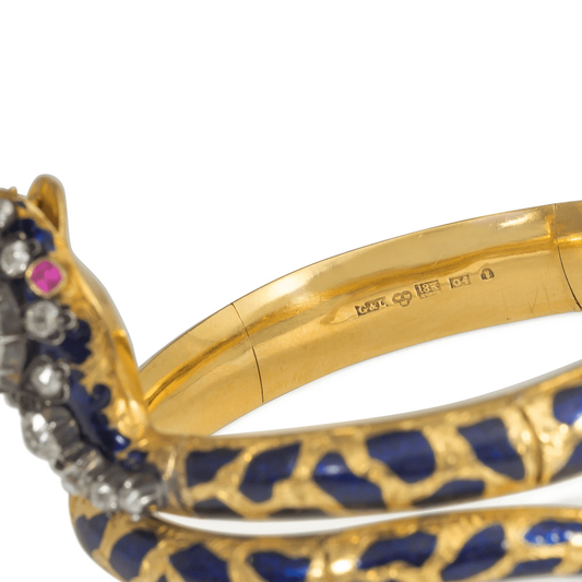 Victorian 18KT Yellow Gold Diamond, Enamel & Ruby Snake Bangle Bracelet close-up