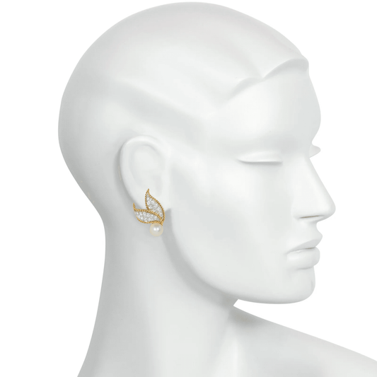 Van Cleef & Arpels 1980s Platinum & 18KT Yellow Gold Diamond & Pearl Earrings on ear