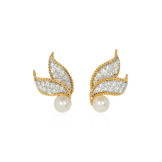 Van Cleef & Arpels 1980s Platinum & 18KT Yellow Gold Diamond & Pearl Earrings front