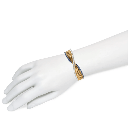 Georges Lenfant French 1950s 18KT Yellow Gold Diamond & Sapphire Bracelet on wrist