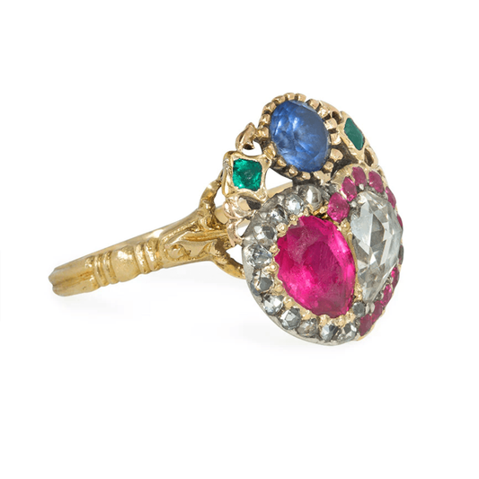 Georgian 18KT Yellow Gold Diamond, Emerald, Ruby & Sapphire Ring side