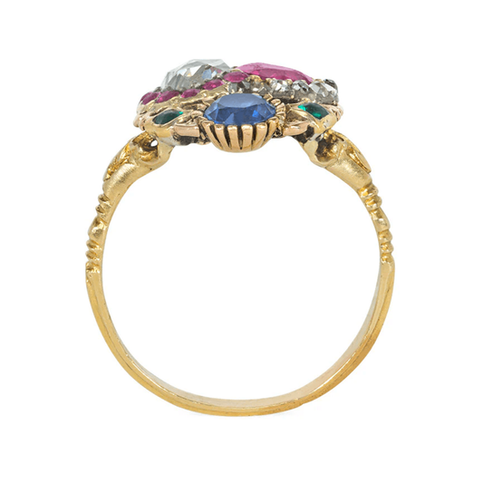 Georgian 18KT Yellow Gold Diamond, Emerald, Ruby & Sapphire Ring profile