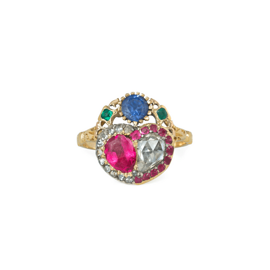 Georgian 18KT Yellow Gold Diamond, Emerald, Ruby & Sapphire Ring front