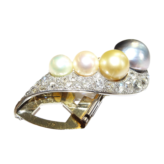Rene Boivin French 1940s Platinum & 18KT Yellow Gold Diamond & Cultured Pearl Brooch side