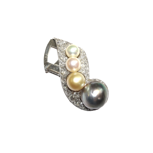 Rene Boivin French 1940s Platinum & 18KT Yellow Gold Diamond & Cultured Pearl Brooch front