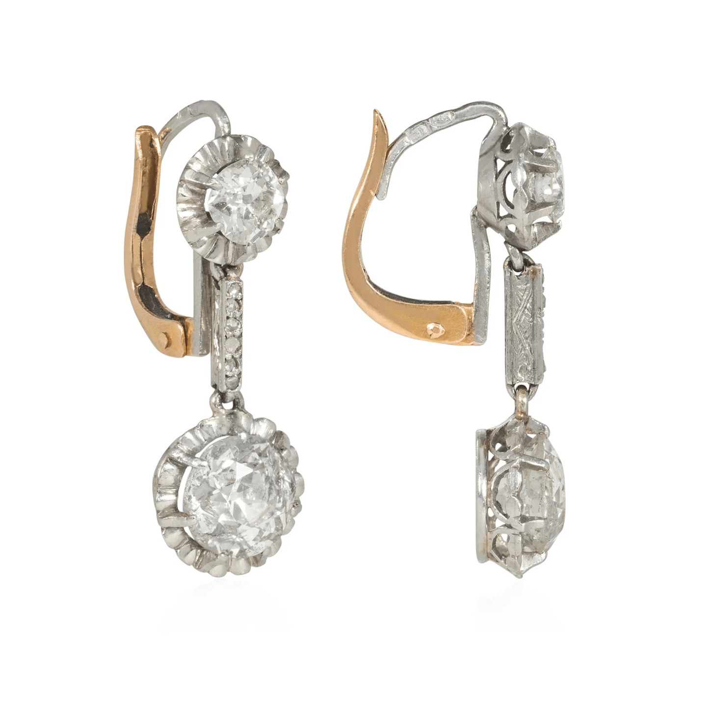 French Art Deco Platinum & 18KT Yellow Gold Diamond Earrings side