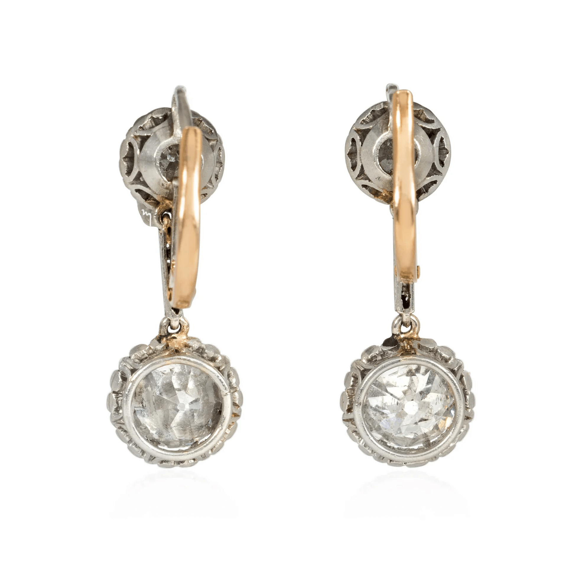 French Art Deco Platinum & 18KT Yellow Gold Diamond Earrings back