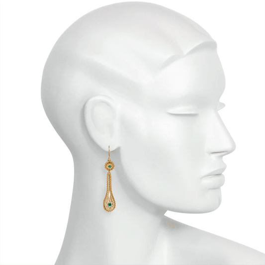 Antique 18KT Yellow Gold Emerald & Diamond Earrings on ear