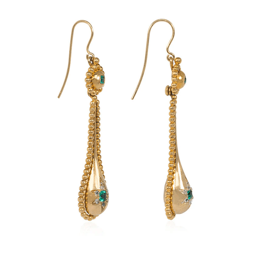 Antique 18KT Yellow Gold Emerald & Diamond Earrings side