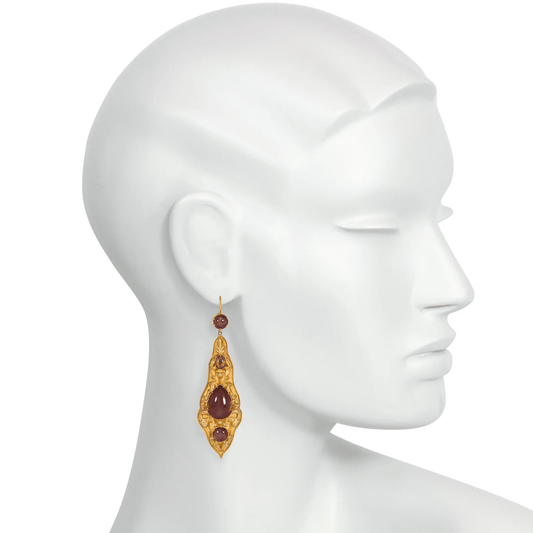 Georgian 18KT Yellow Gold Garnet Repoussé Pendant Earrings on ear