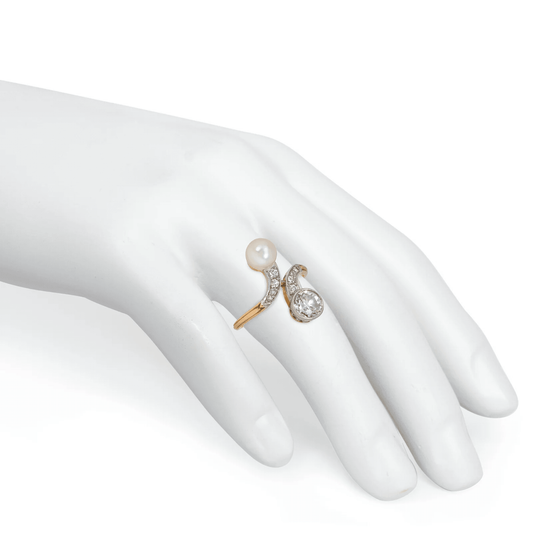Edwardian Platinum & 18KT Yellow Gold Diamond & Natural Pearl Ring worn on finger