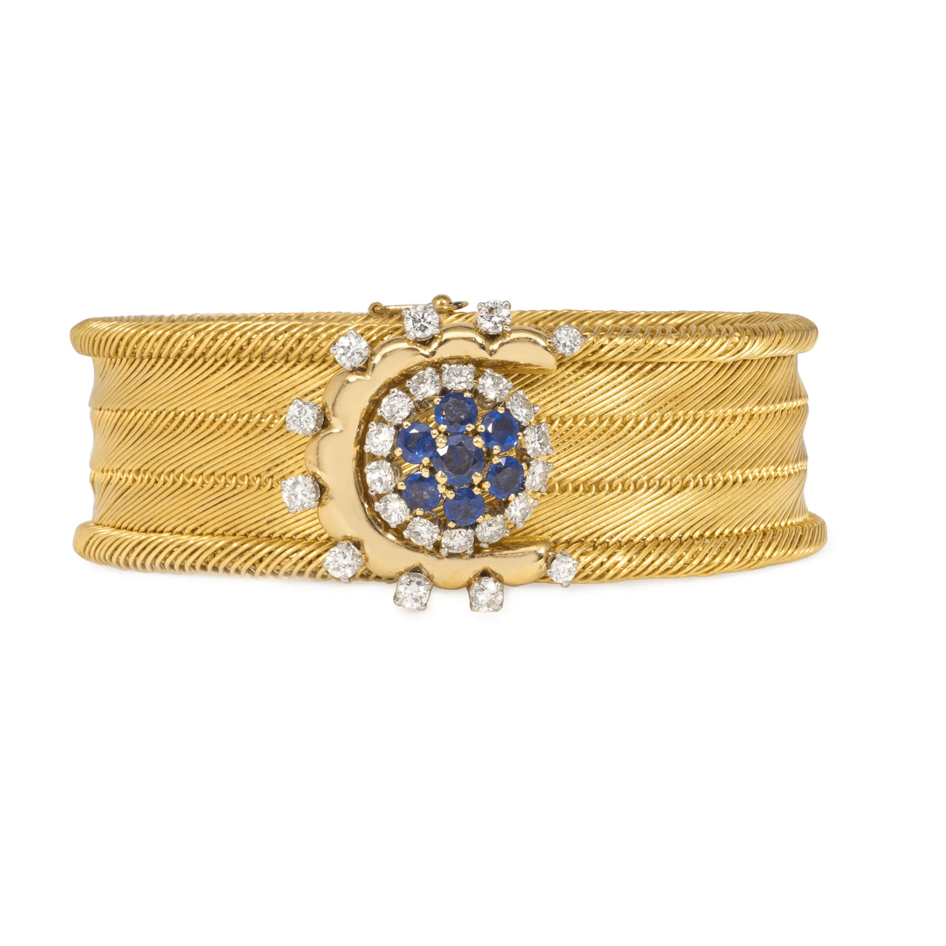 French Retro Platinum & 18KT Yellow Gold Diamond & Sapphire Bracelet front