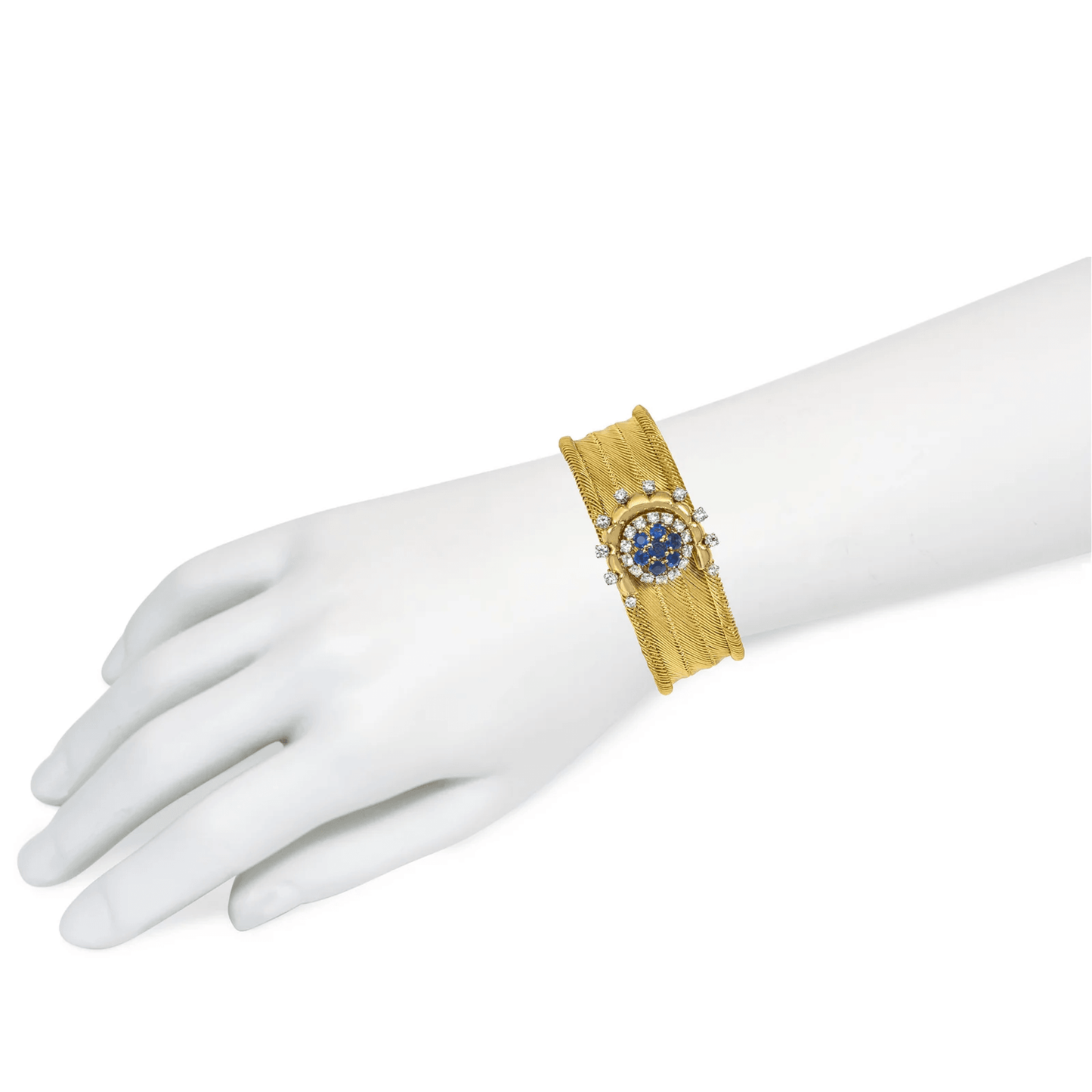 French Retro Platinum & 18KT Yellow Gold Diamond & Sapphire Bracelet on wrist