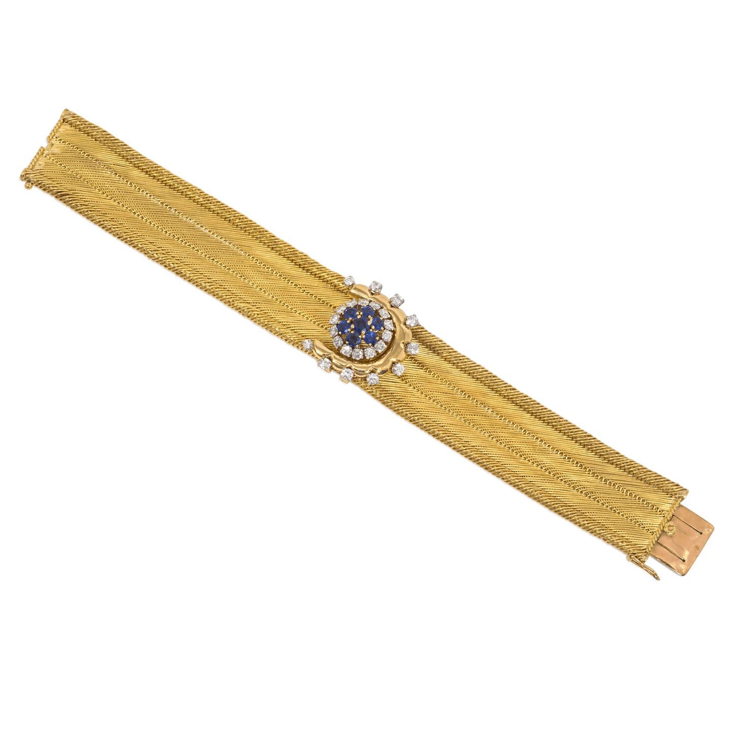 French Retro Platinum & 18KT Yellow Gold Diamond & Sapphire Bracelet front