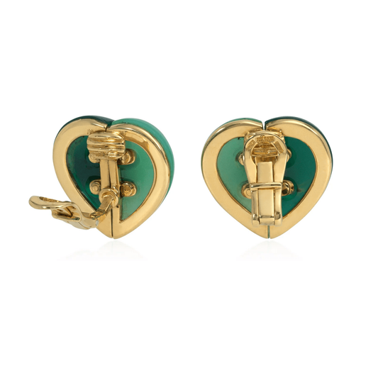 Bulgari 1980s 18KT Yellow Gold Chrysoprase & Jasper Heart Earrings back