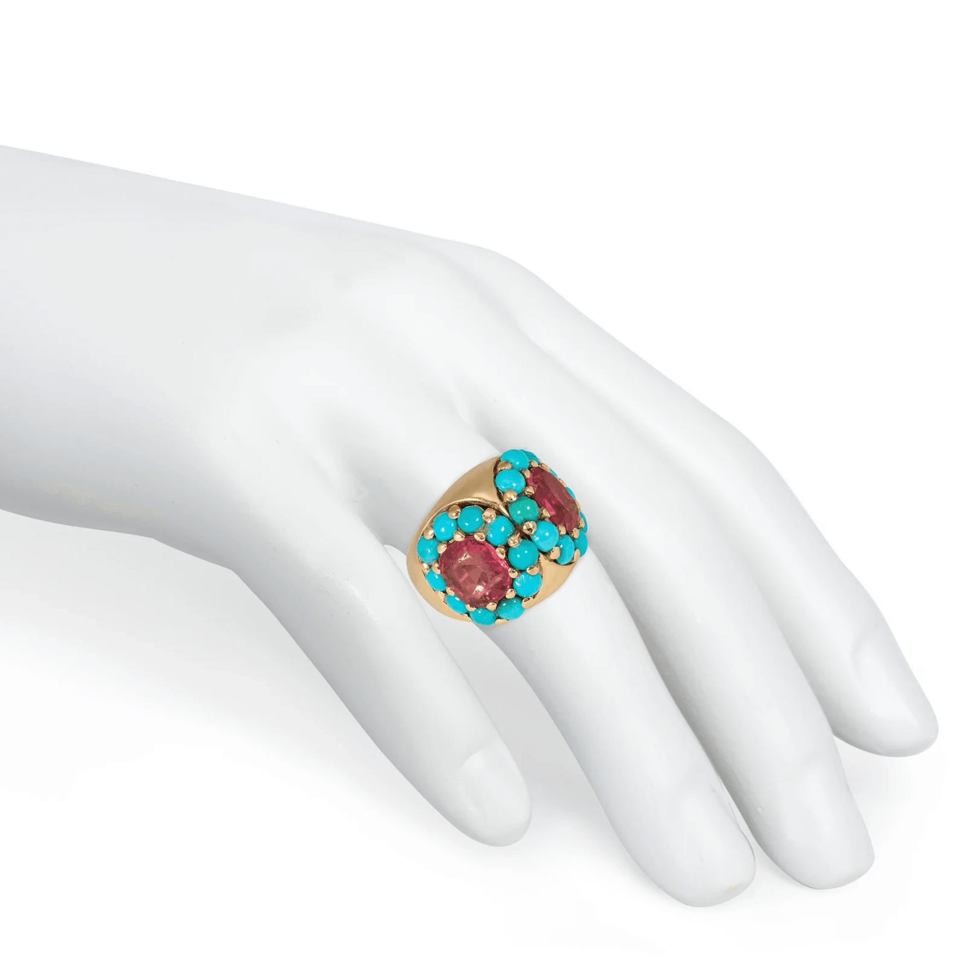 French Retro 18KT Yellow Gold Tourmaline & Turquoise Ring on finger