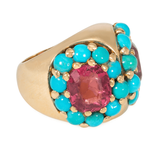 French Retro 18KT Yellow Gold Tourmaline & Turquoise Ring side