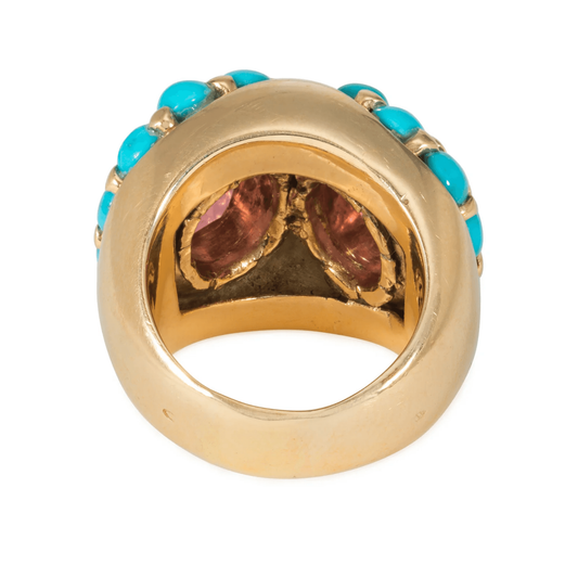 French Retro 18KT Yellow Gold Tourmaline & Turquoise Ring back