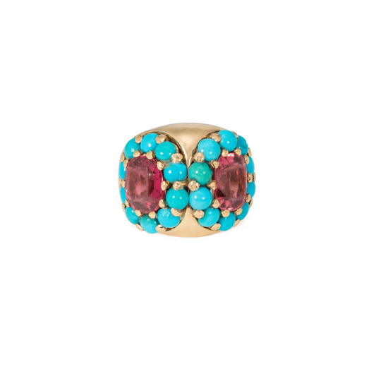 French Retro 18KT Yellow Gold Tourmaline & Turquoise Ring front