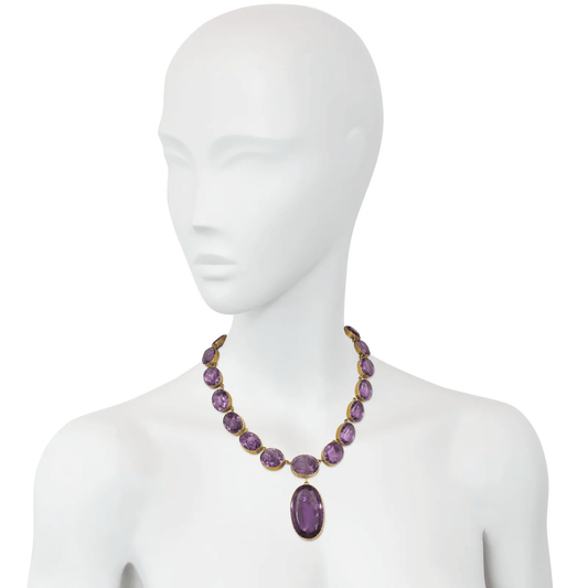 Victorian 15KT Yellow Gold Amethyst Rivière Necklace on neck