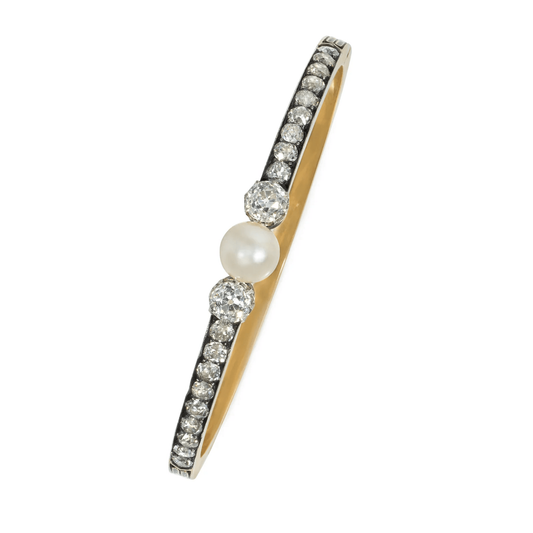 French Antique Silver & 18KT Yellow Gold Diamond & Natural Pearl Bangle Bracelet front