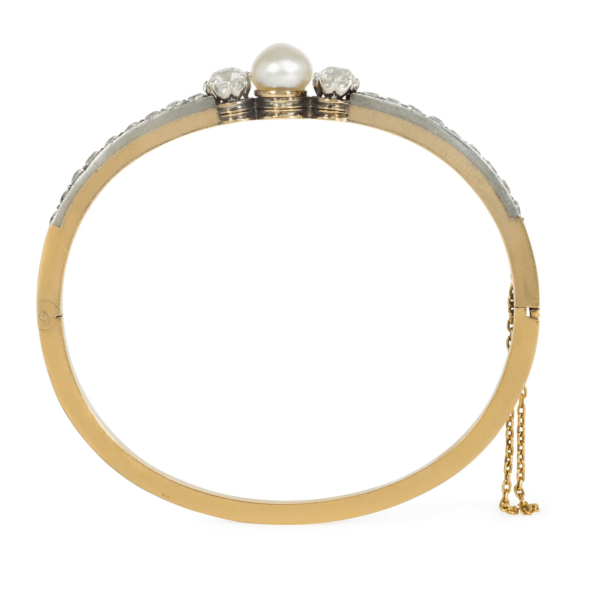 French Antique Silver & 18KT Yellow Gold Diamond & Natural Pearl Bangle Bracelet profile