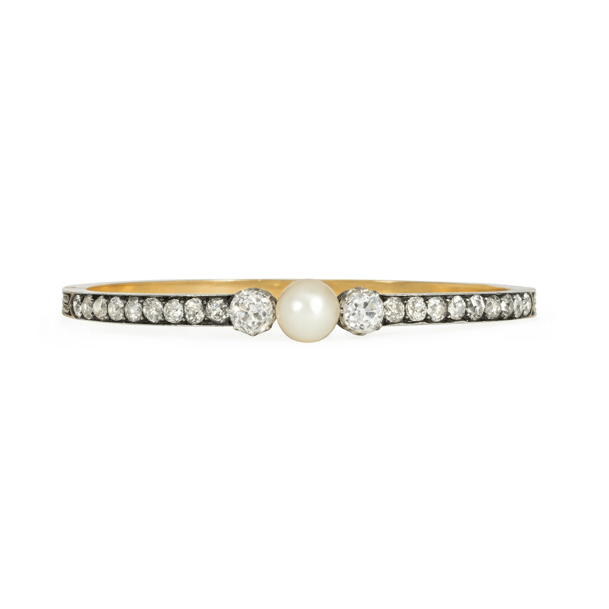French Antique Silver & 18KT Yellow Gold Diamond & Natural Pearl Bangle Bracelet front