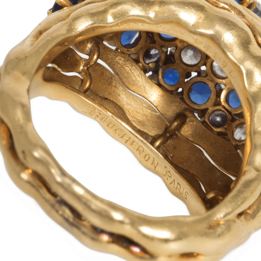 Boucheron Paris 1960s 18KT Yellow Gold Sapphire & Diamond Bombé Ring close-up of signature
