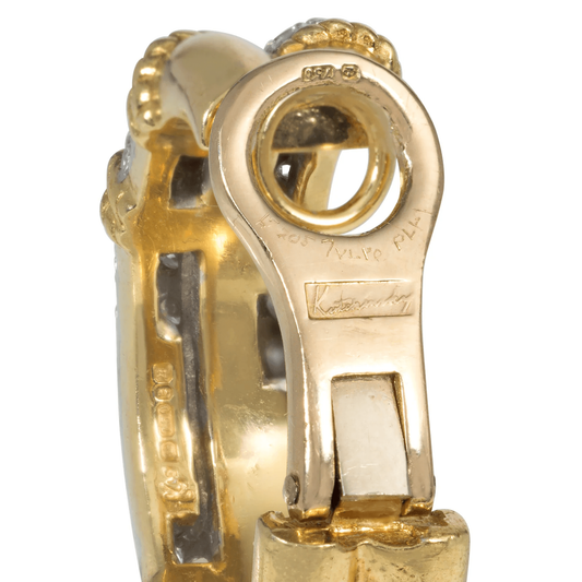 Kutchinsky 1970s 18KT Yellow Gold Diamond Hoop Earrings close-up of signature